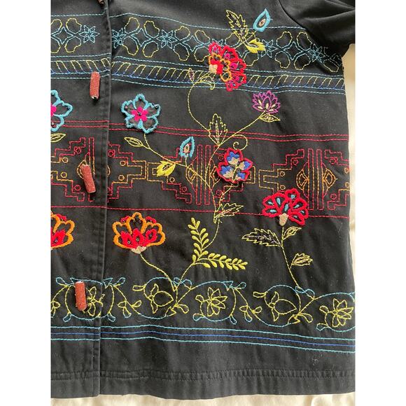 Womens Large Embroidered Blazer Jacket Floral Boho Art To Wear Artsy - Black - Picture 7 of 11